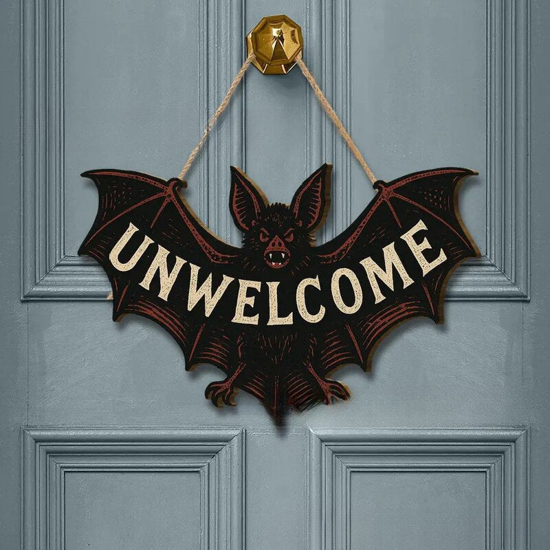 Halloween 'Unwelcome' Bat Wooden Hanging Sign – Spooky Door Decoration
