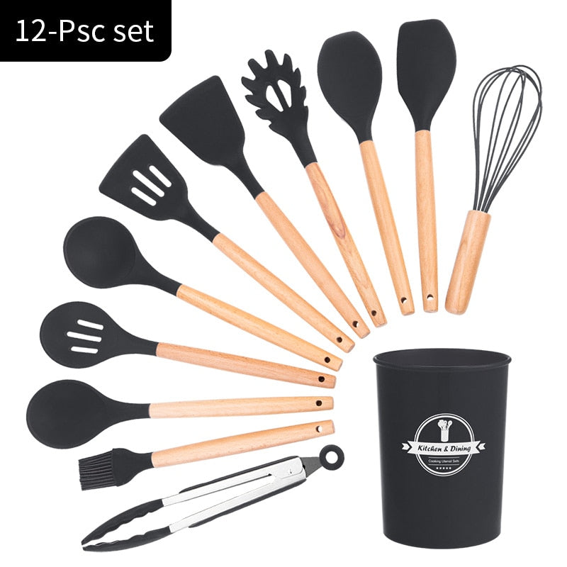 12-Piece Silicone Cooking Utensil Set with Wooden Handles & Holder