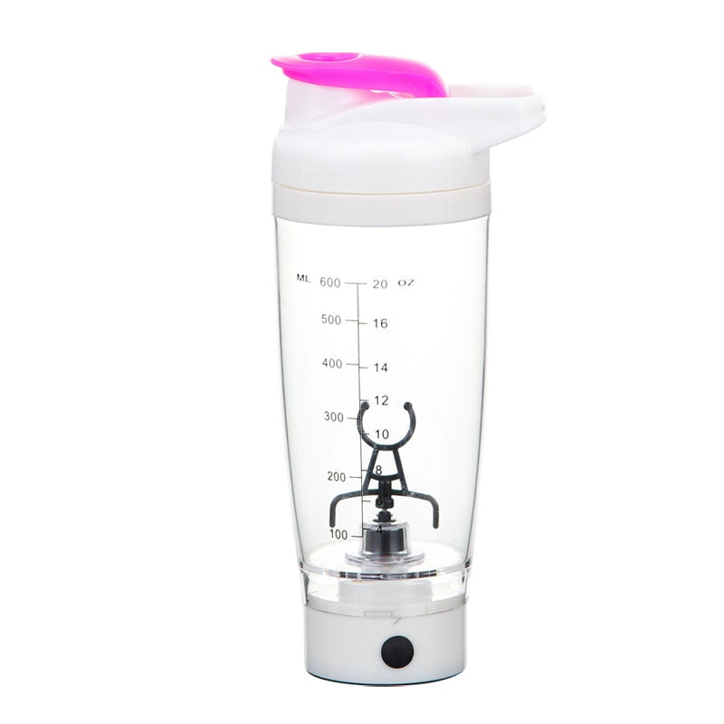 Electric protein shaker bottle in white with pink lid