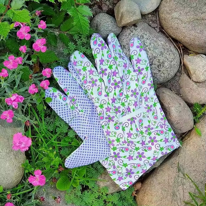 Floral gardening gloves with dotted grip palms