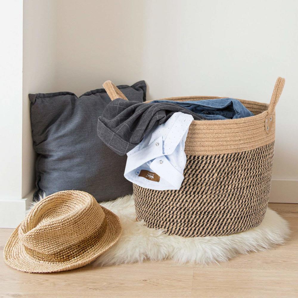 Woven rope laundry and storage basket with handles