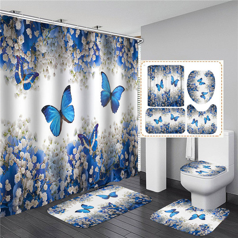 Blue Butterfly Shower Curtain & Bath Mat Set