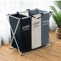 3-section foldable laundry sorter hamper with Dark, Light and Colour compartments