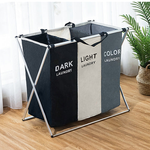 3-section foldable laundry sorter hamper with Dark, Light and Colour compartments