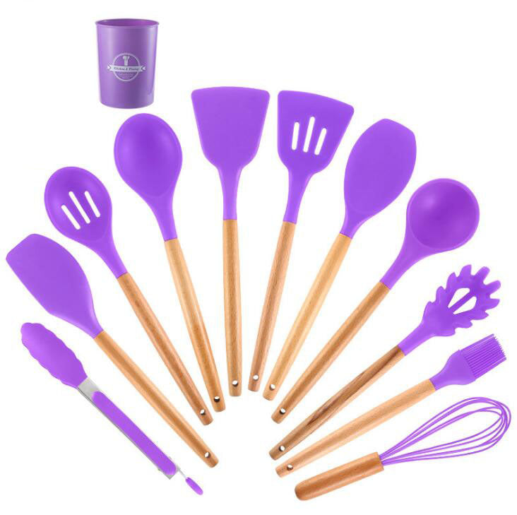 12-Piece Silicone Cooking Utensil Set with Wooden Handles & Holder