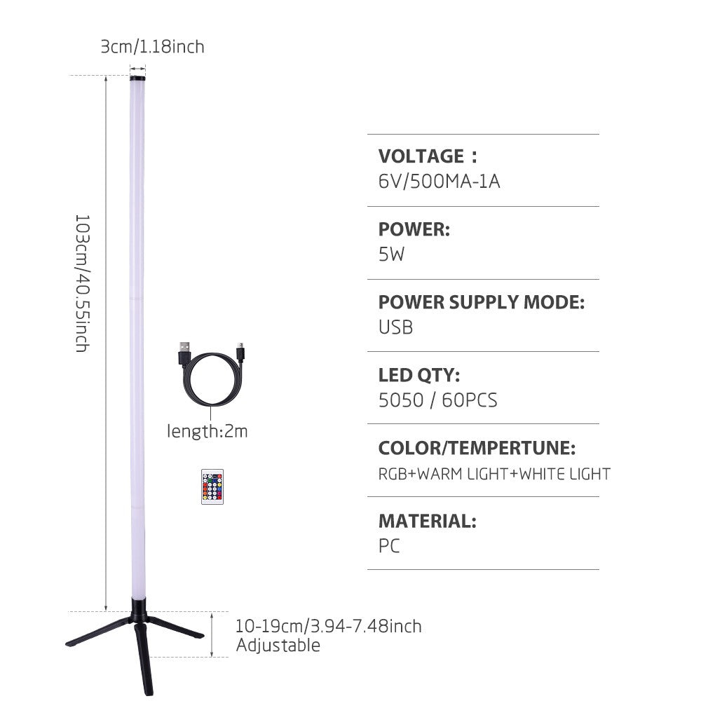 Slim RGB LED corner floor lamp on a tripod stand glowing in colour