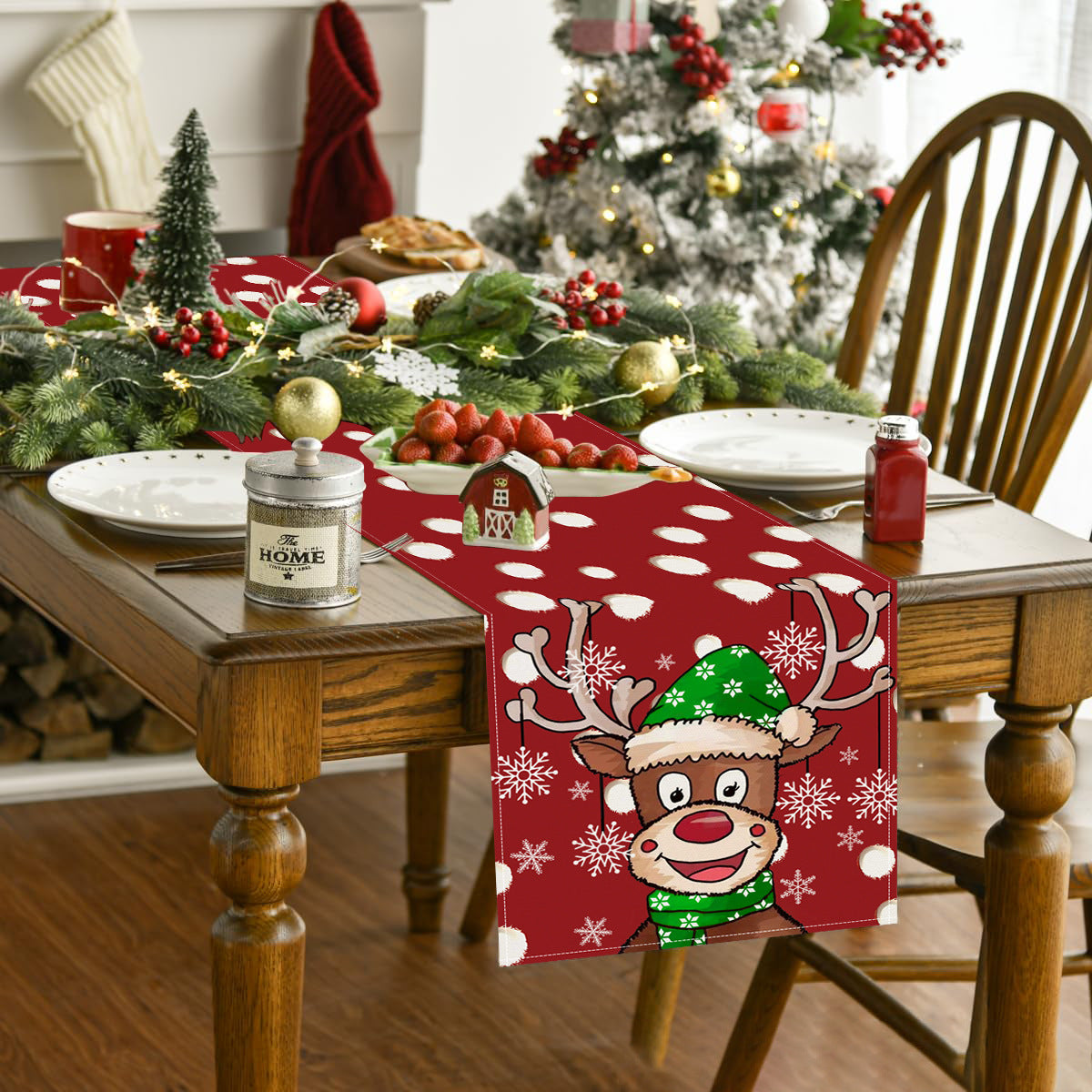 Cartoon Reindeer Polka Dot Christmas Table Runner (33 x 183 cm)