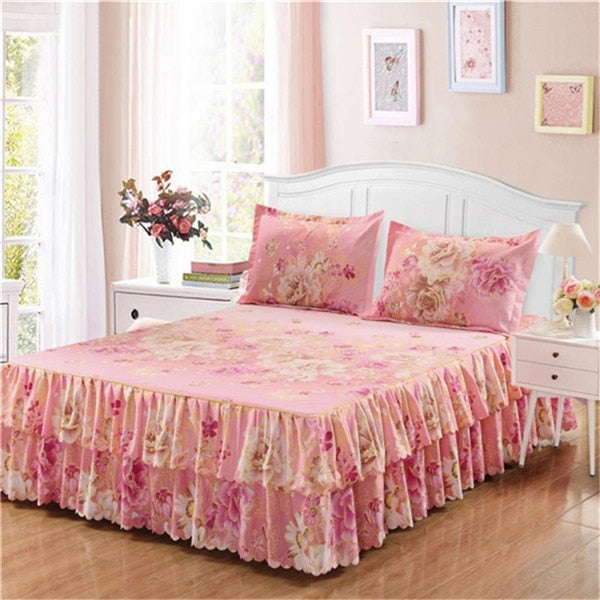 Ruffled Bedspread Set with Pillowcases – Double-Layer Skirt