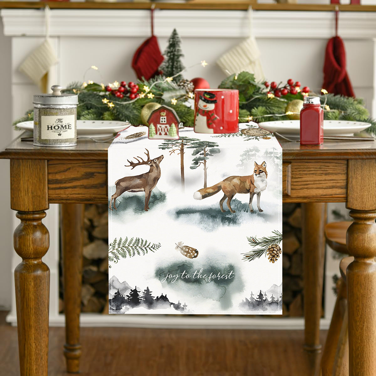 Reindeer & Fox Winter Table Runner – White (33 x 183 cm)