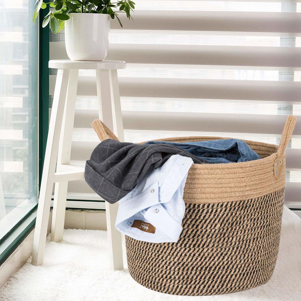 Woven rope laundry and storage basket with handles