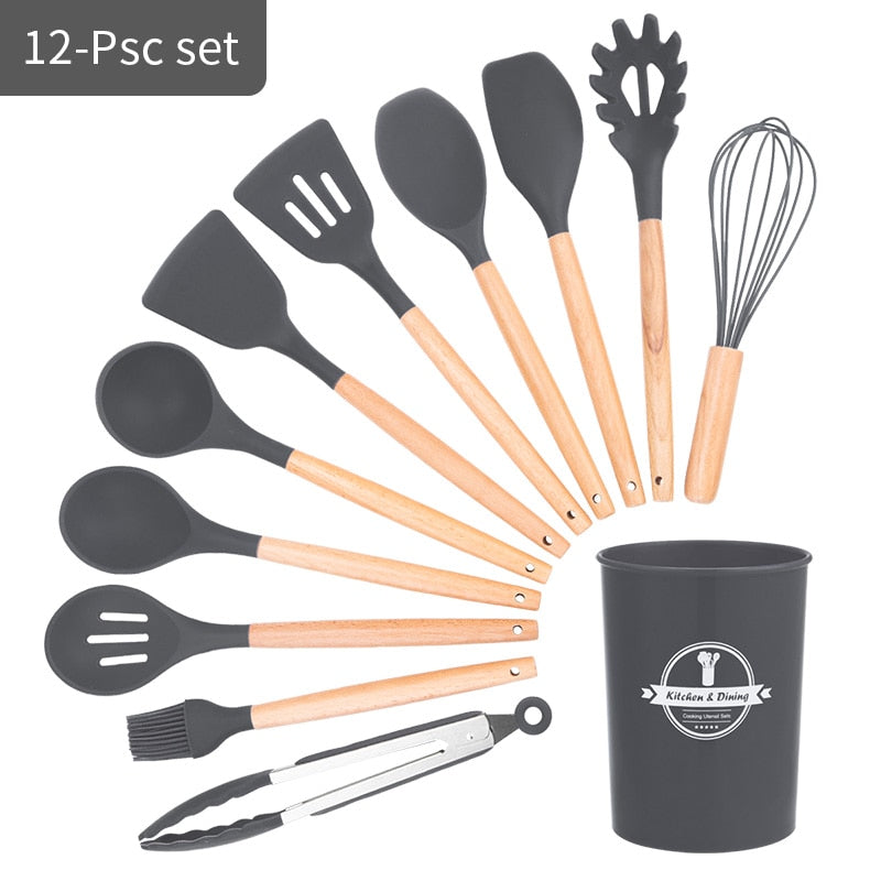 12-Piece Silicone Cooking Utensil Set with Wooden Handles & Holder