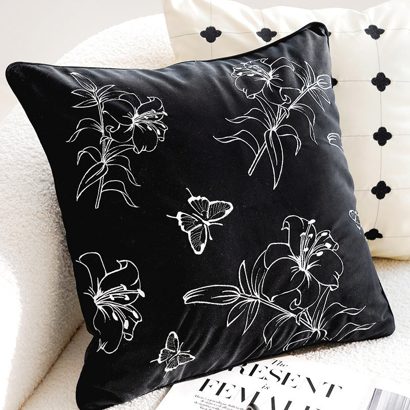 Modern Chenille Cushion Cover – Black Lily & Butterfly – 45 x 45cm