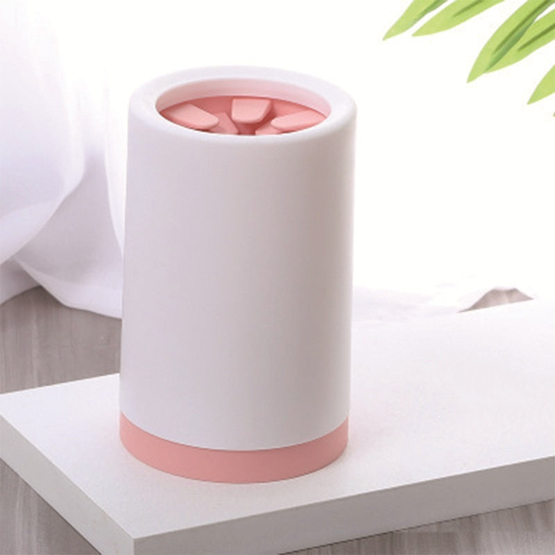 Dog paw cleaner cup with pink silicone bristles