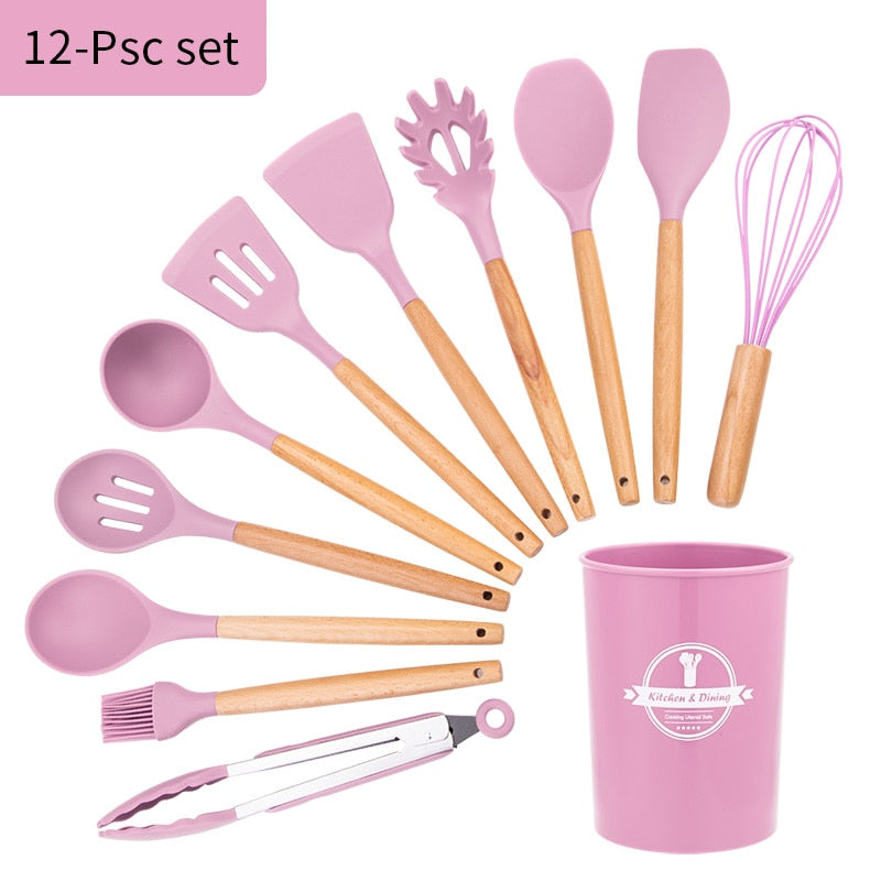 12-Piece Silicone Cooking Utensil Set with Wooden Handles & Holder
