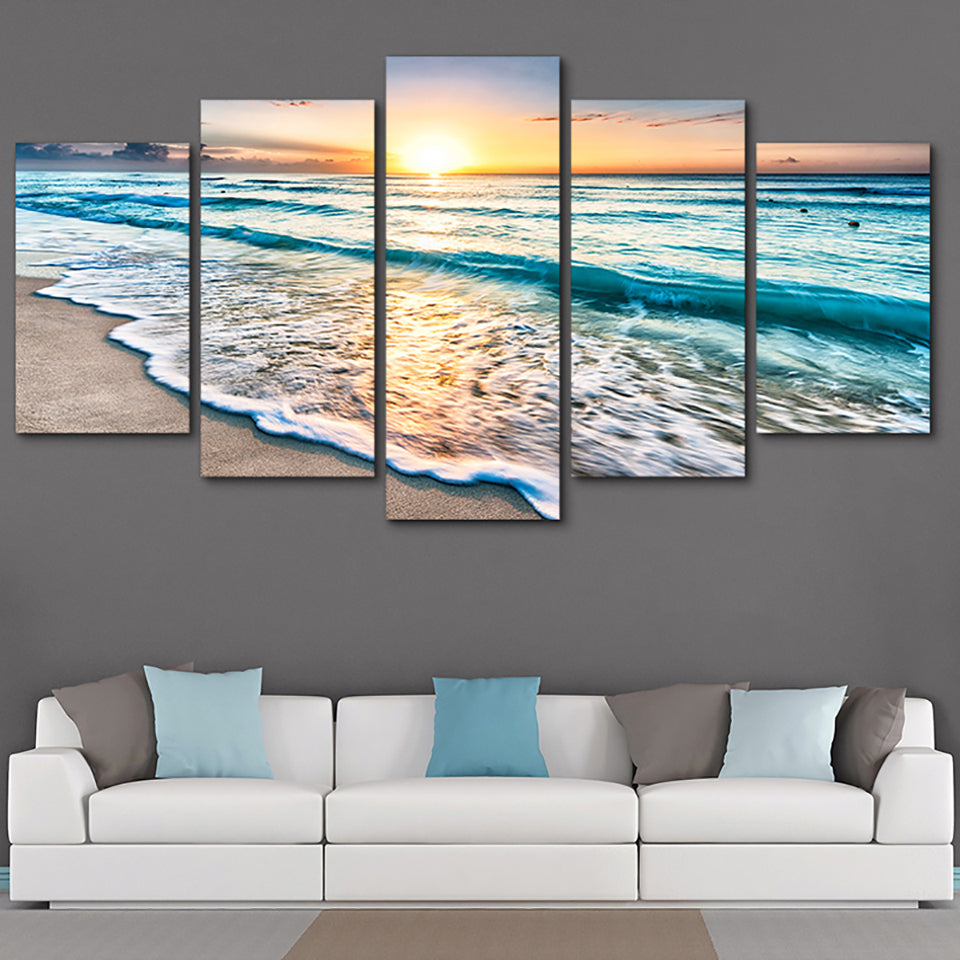 Sunset Beach Waves 5-Panel Canvas Wall Art – image 2