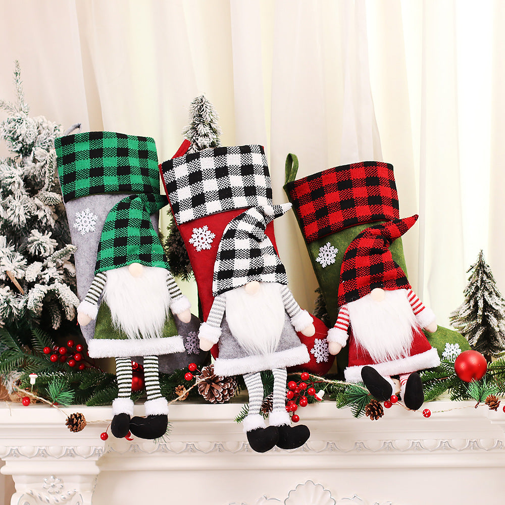 Gnome Christmas Stocking – Plaid Hat Hanging Gift Bag (55 cm)