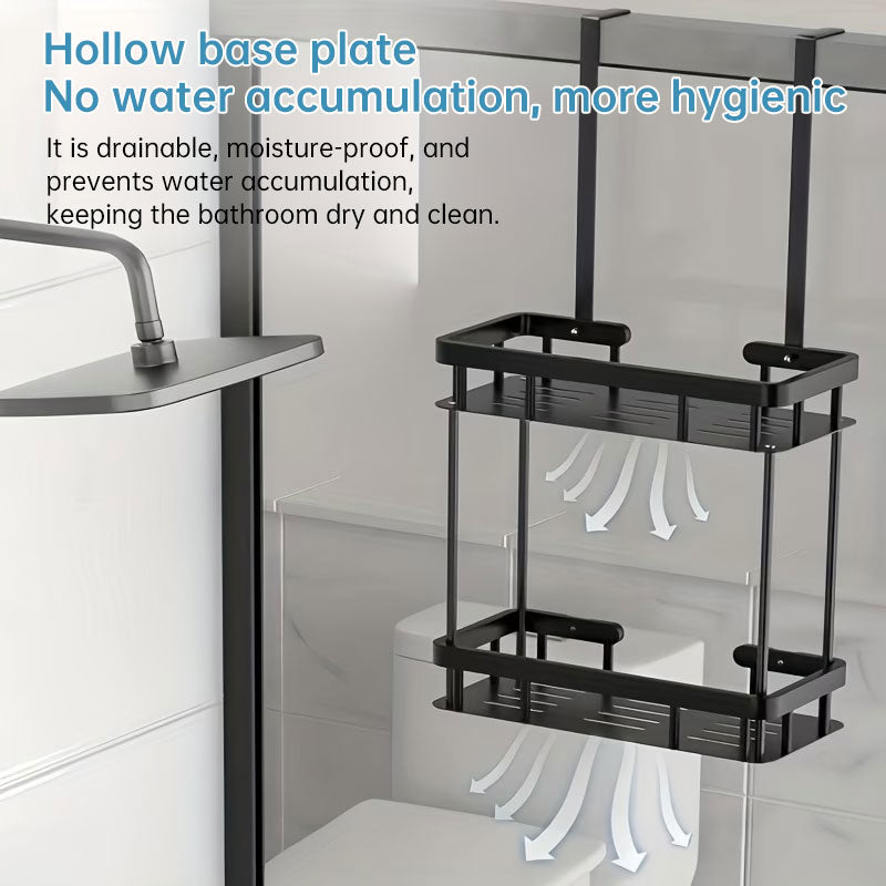 Hollow-base shelves on the shower caddy letting water drain through