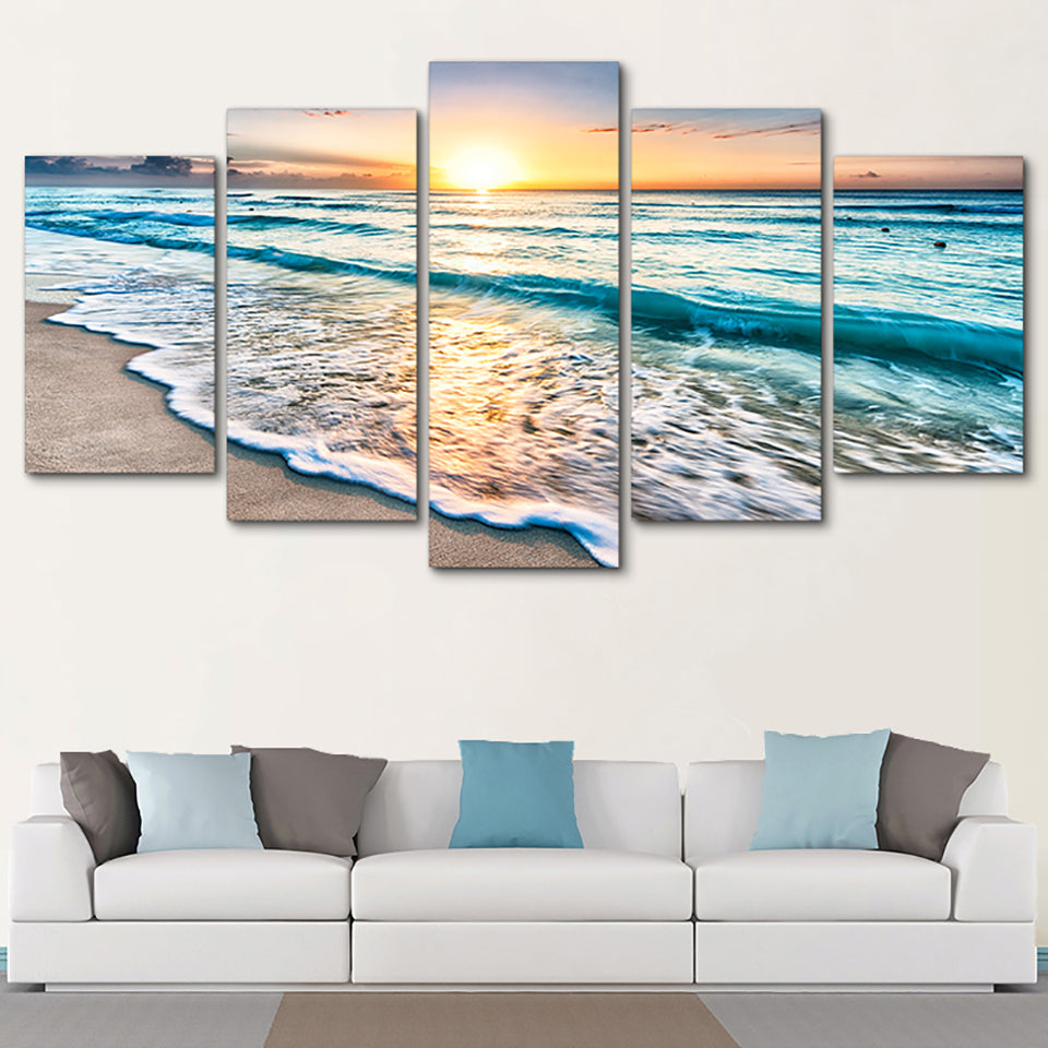 Sunset Beach Waves 5-Panel Canvas Wall Art – image 4