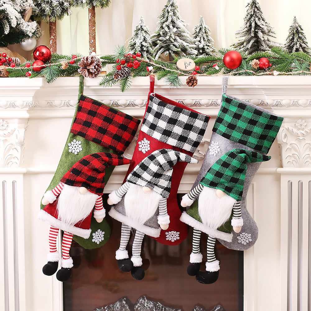 Gnome Christmas Stocking – Plaid Hat Hanging Gift Bag (55 cm)