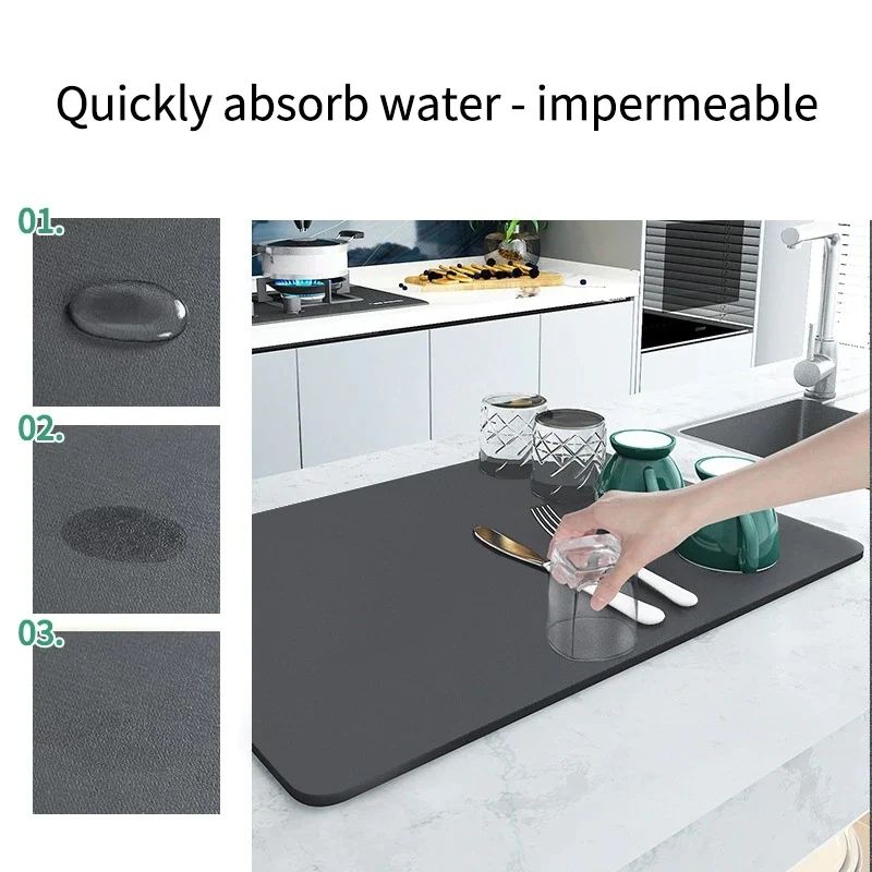 Quick-dry kitchen draining mat absorbing water from dishes