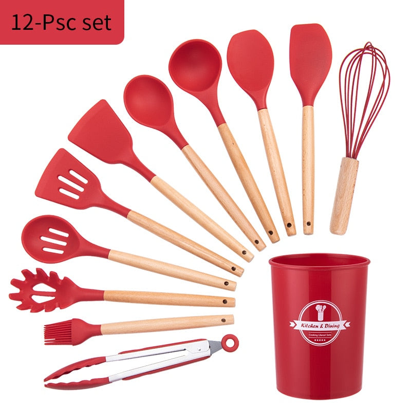 12-Piece Silicone Cooking Utensil Set with Wooden Handles & Holder