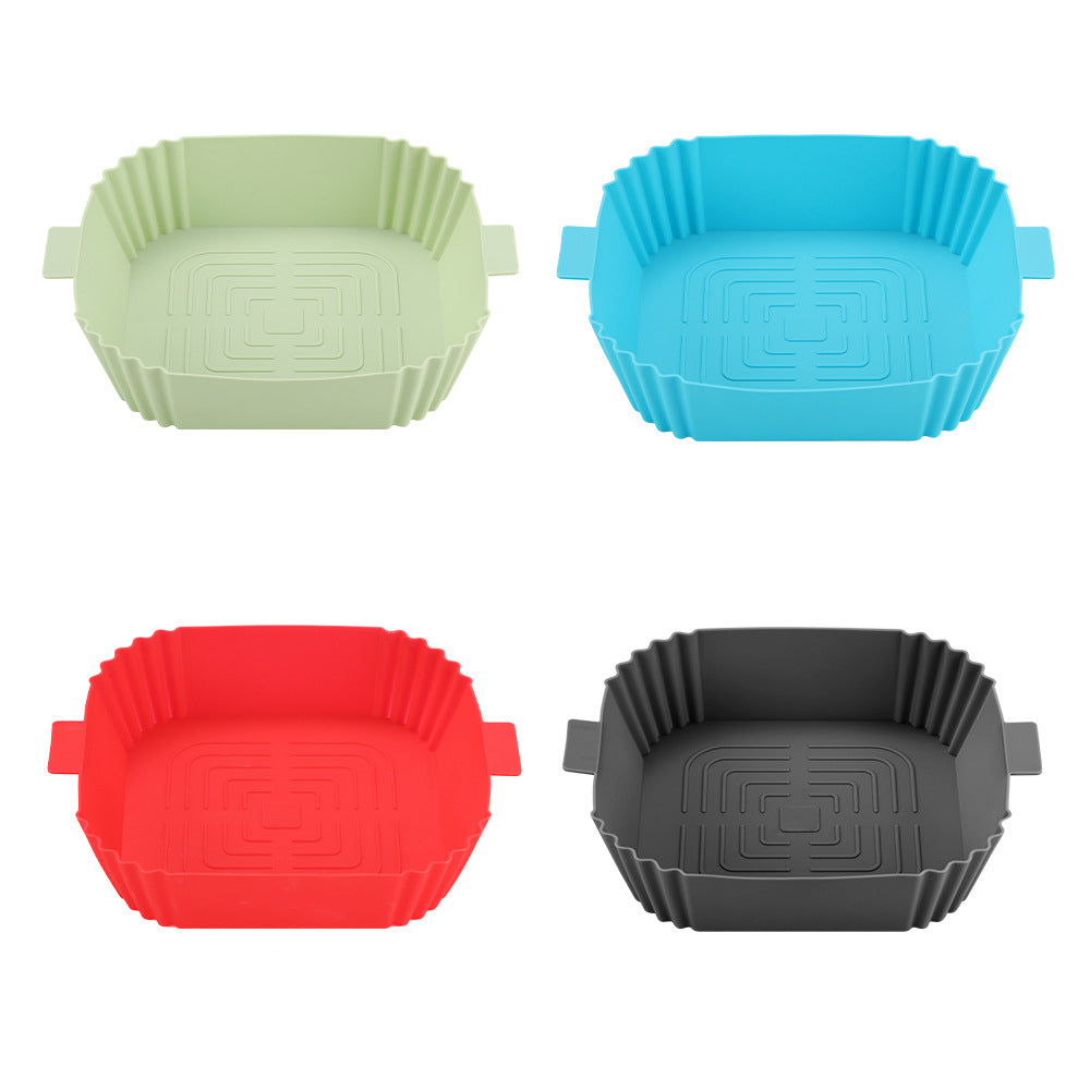 Square silicone air fryer liners in sage green, blue, red and dark grey