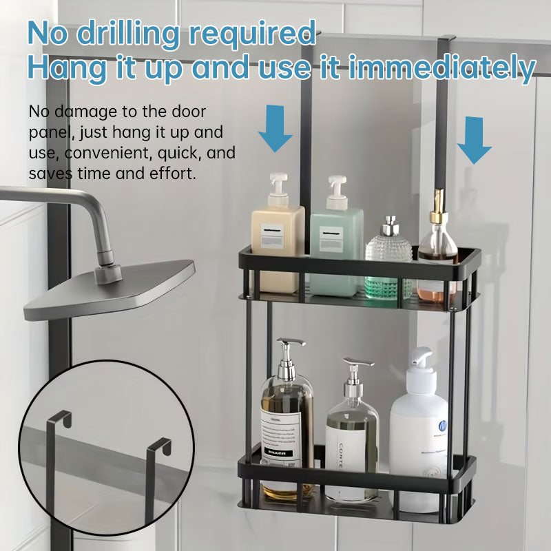 Shower caddy hooks hanging over a glass door with no drilling required