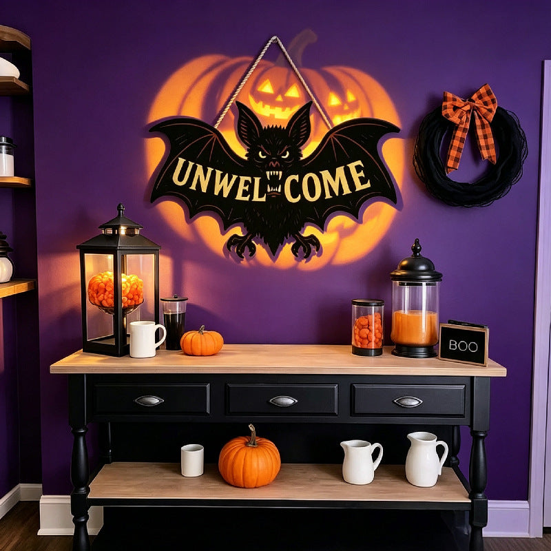 Halloween 'Unwelcome' Bat Wooden Hanging Sign – Spooky Door Decoration