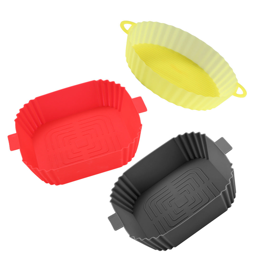 Silicone air fryer liners in yellow, red and dark grey