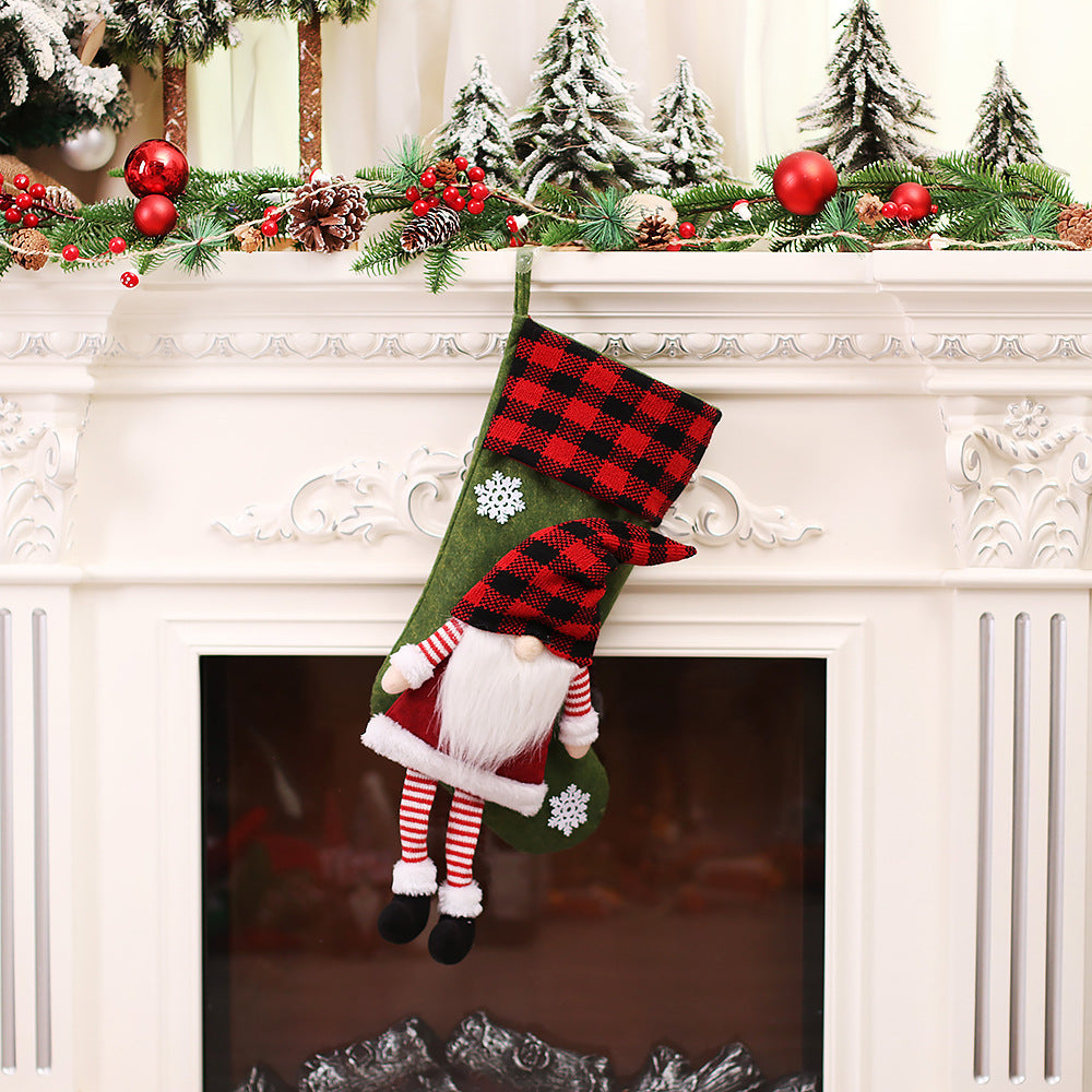 Gnome Christmas Stocking – Plaid Hat Hanging Gift Bag (55 cm)