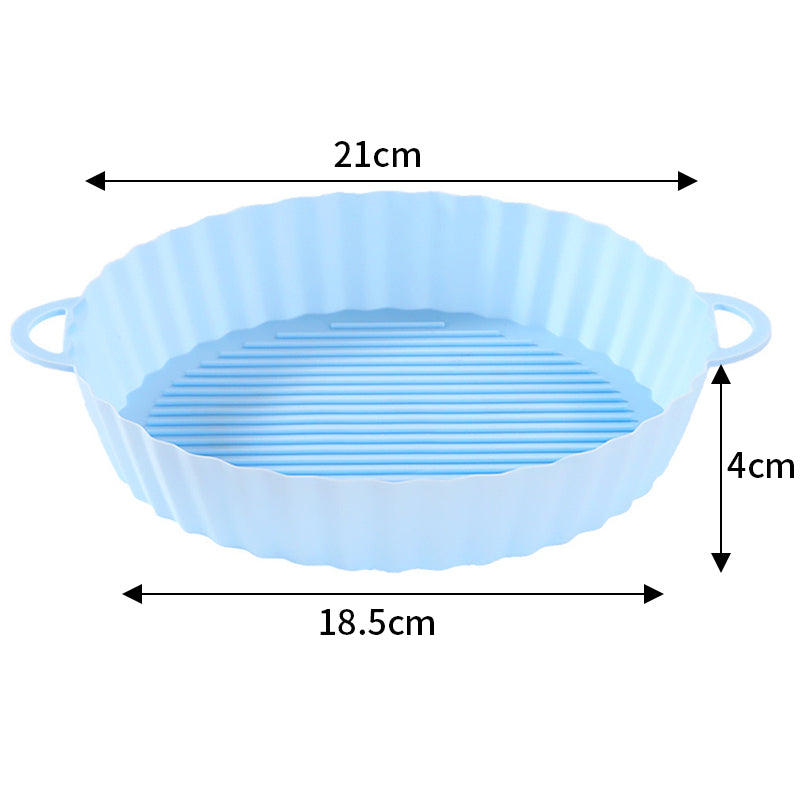 Round silicone air fryer liner with handles in light blue