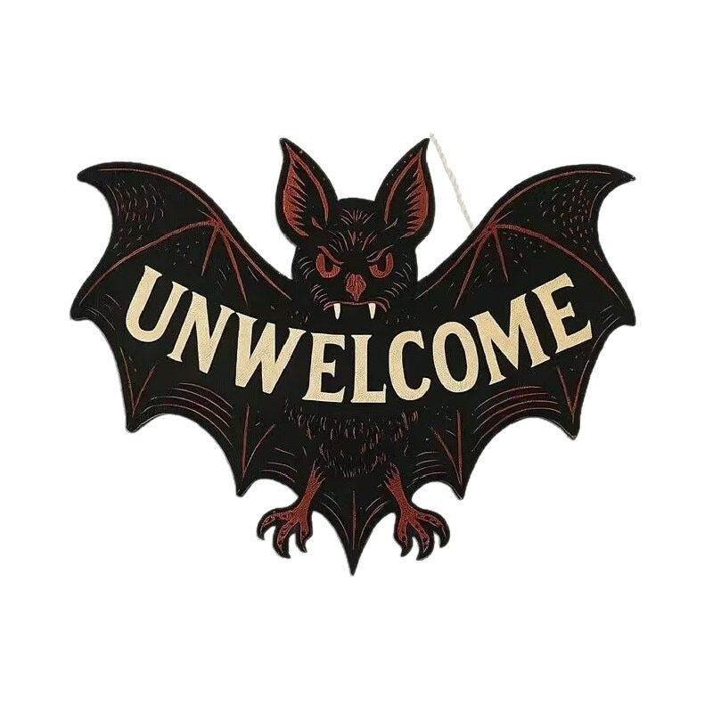 Halloween 'Unwelcome' Bat Wooden Hanging Sign – Spooky Door Decoration