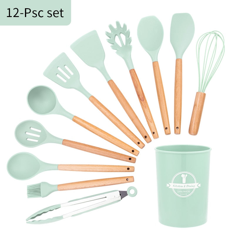 12-Piece Silicone Cooking Utensil Set with Wooden Handles & Holder