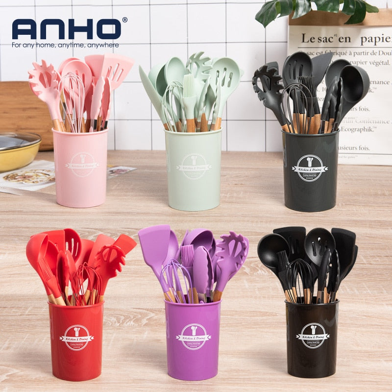 12-Piece Silicone Cooking Utensil Set with Wooden Handles & Holder