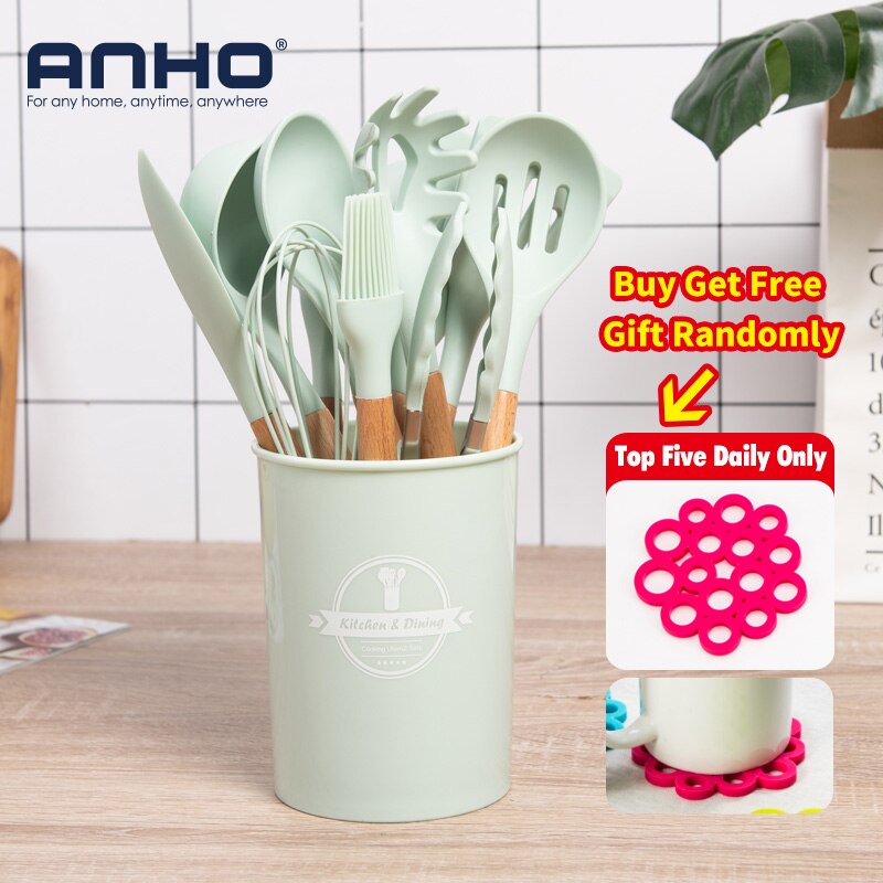12-Piece Silicone Cooking Utensil Set with Wooden Handles & Holder