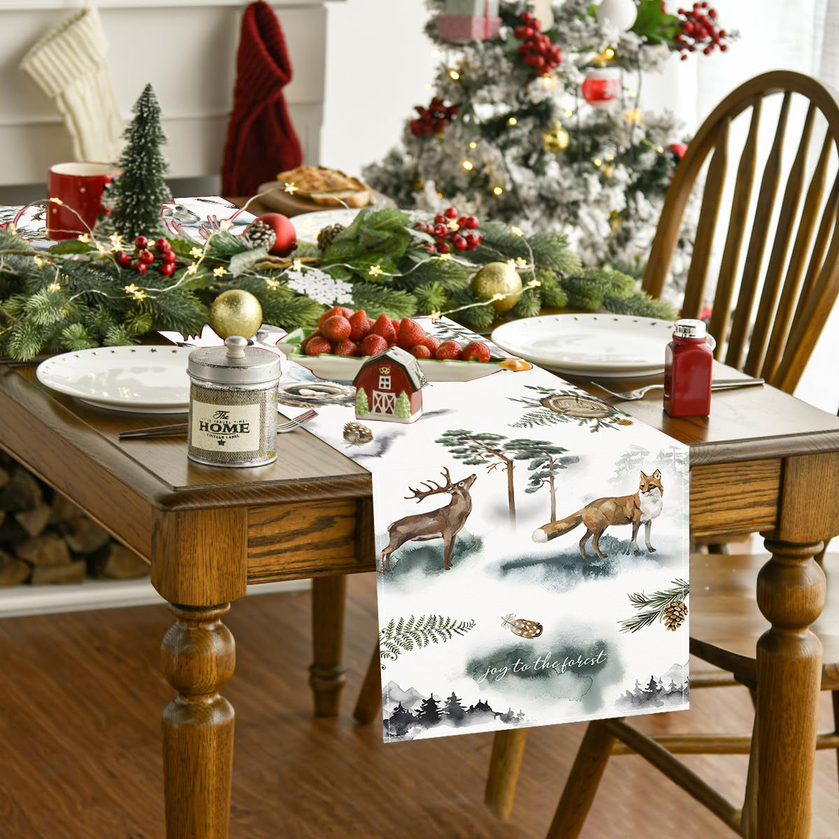 Reindeer & Fox Winter Table Runner – White (33 x 183 cm)