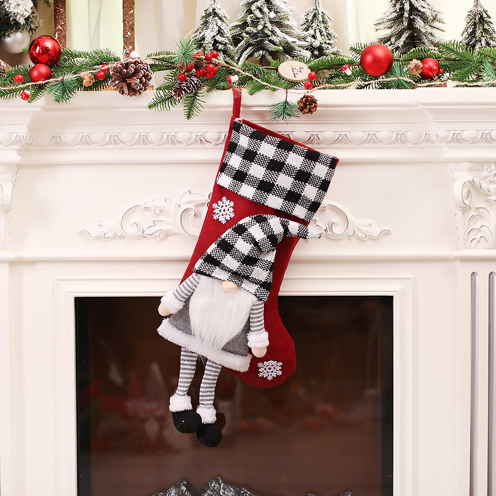 Gnome Christmas Stocking – Plaid Hat Hanging Gift Bag (55 cm)