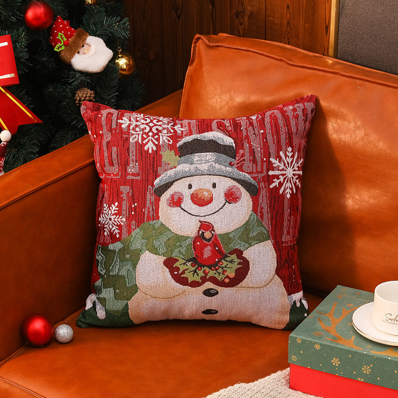 Woven Christmas Cushion Cover – Snowman, Santa, Reindeer & Poinsettia (45 x 45 cm)