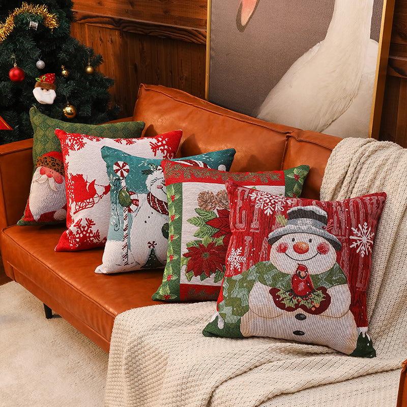 Woven Christmas Cushion Cover – Snowman, Santa, Reindeer & Poinsettia (45 x 45 cm)