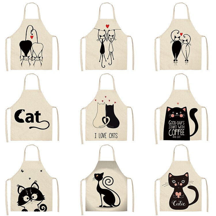 Cat Print Kitchen Apron – Cotton Linen, Adult and Kids