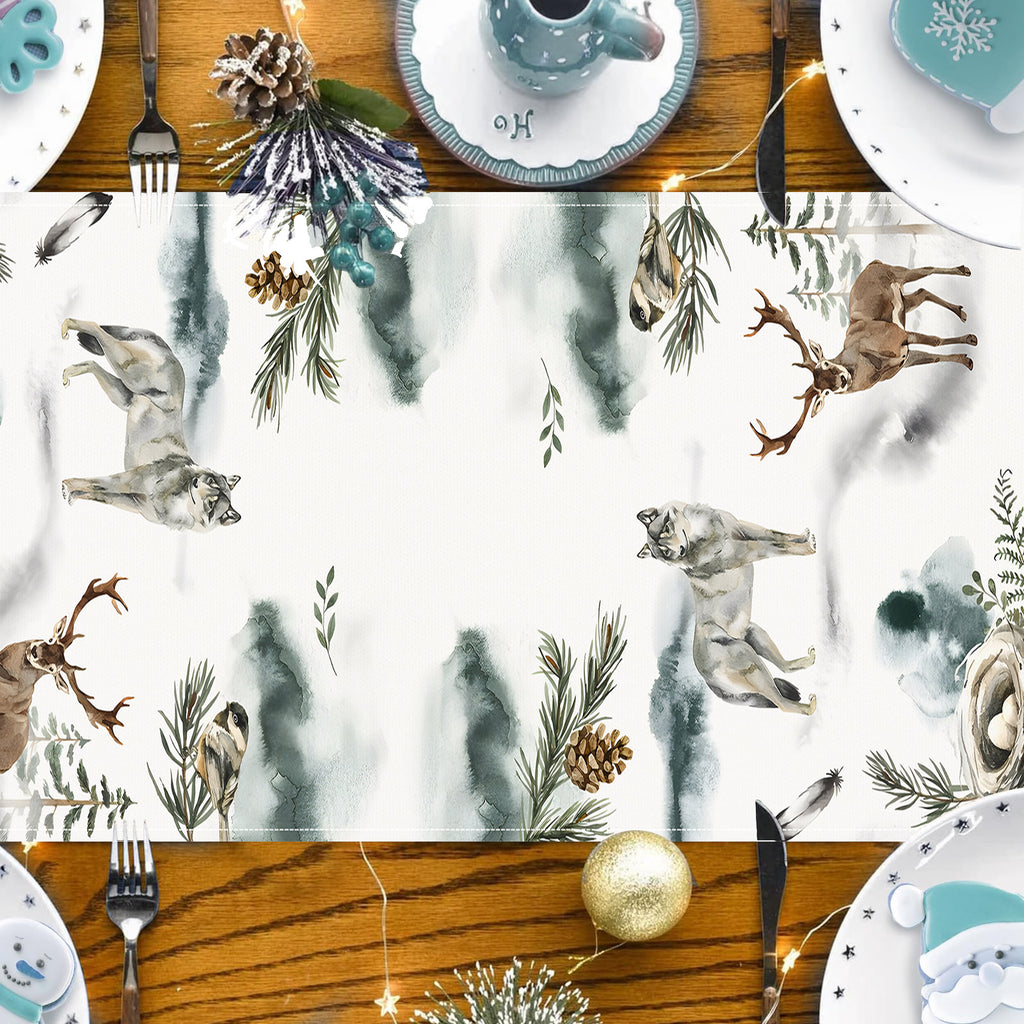 Reindeer & Fox Winter Table Runner – White (33 x 183 cm)