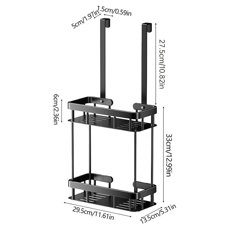 Double layer no-drill shower caddy dimensions diagram, 29.5 x 13.5cm shelves