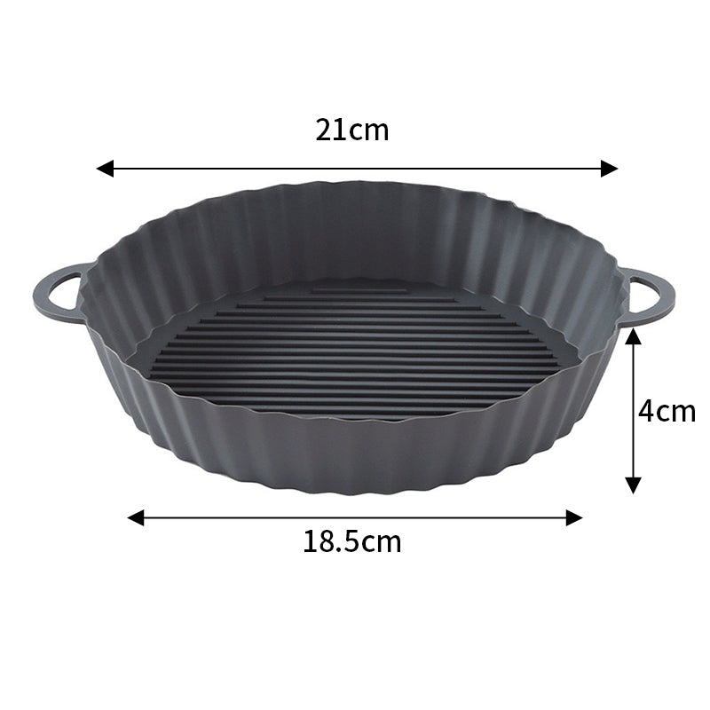 Round silicone air fryer liner with handles in dark grey