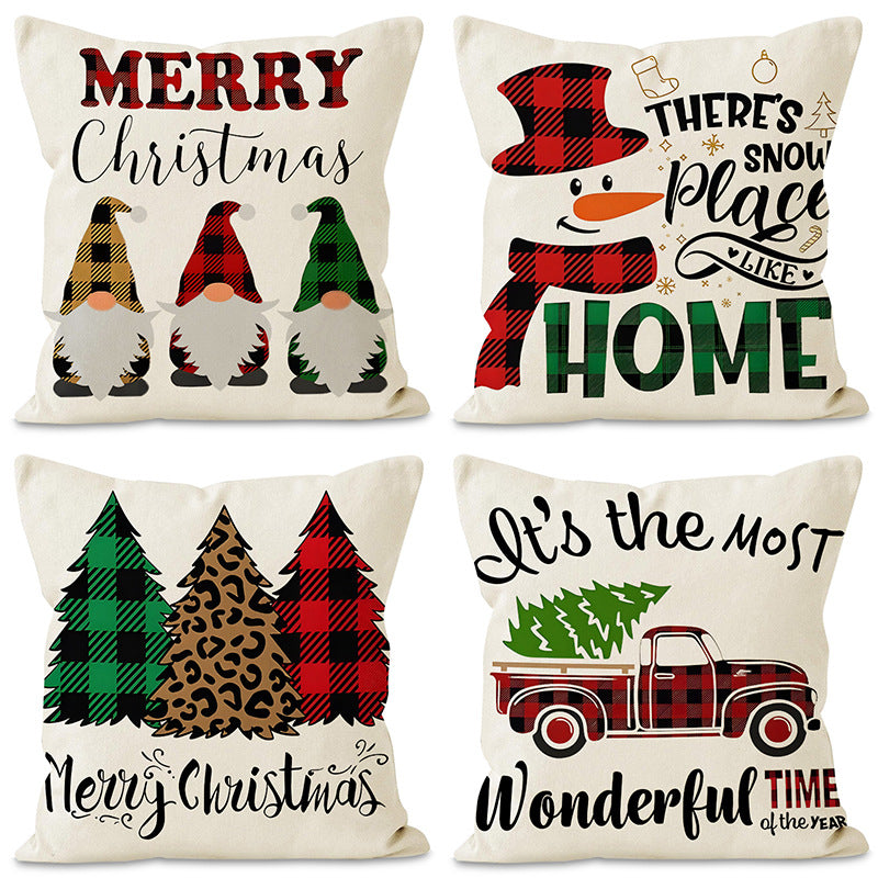 Buffalo Plaid Christmas Cushion Cover – Trees, Truck, Snowman & Gnomes (45 x 45 cm)