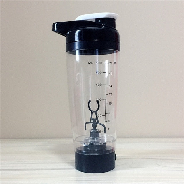 Electric protein shaker bottle in black and white
