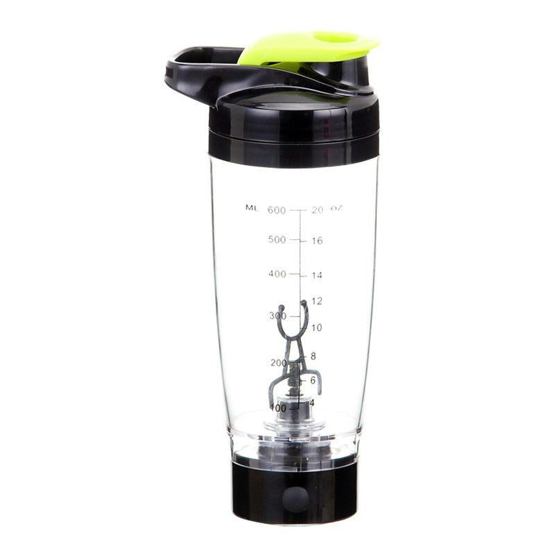 Electric protein shaker bottle in black with lime lid