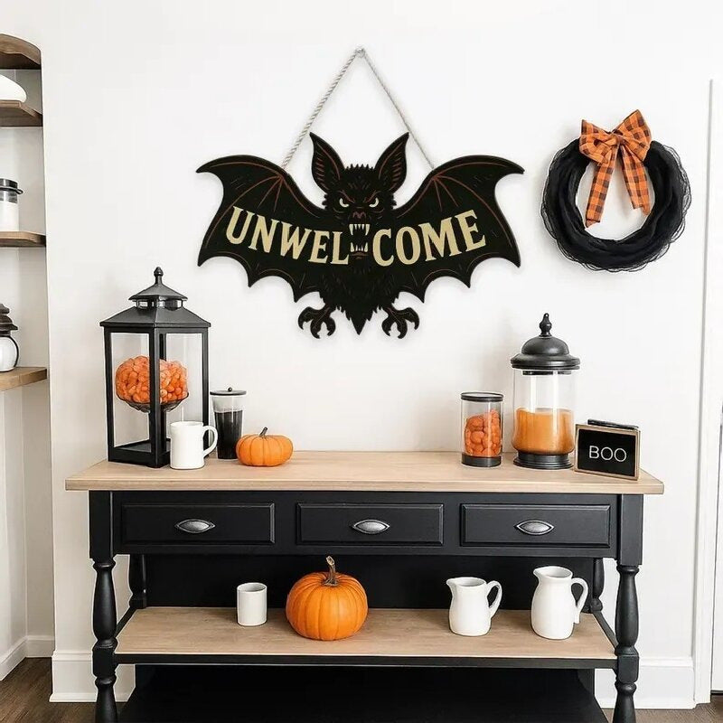 Halloween 'Unwelcome' Bat Wooden Hanging Sign – Spooky Door Decoration