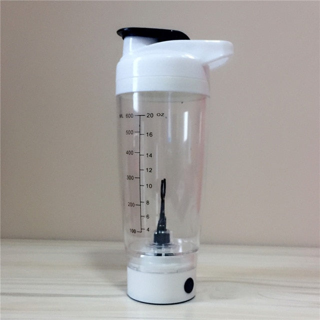 Electric protein shaker bottle in white and black