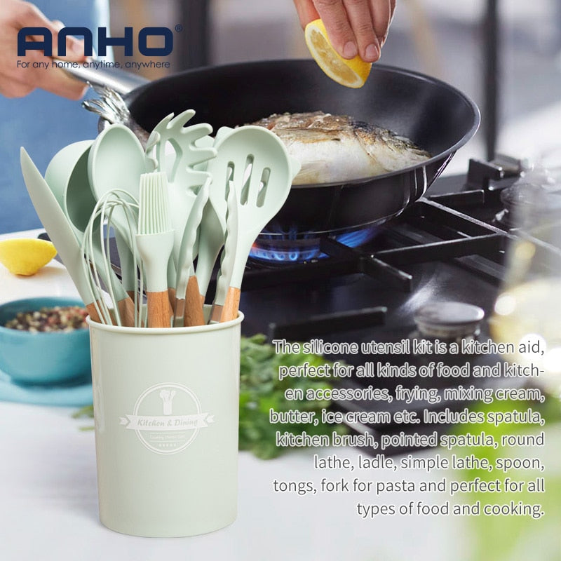 12-Piece Silicone Cooking Utensil Set with Wooden Handles & Holder
