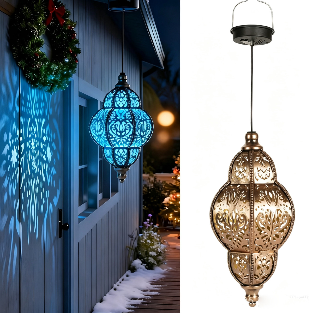 Solar Metal Garden Lantern – Round – Blue Glow